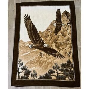 Vintage 90s Bald Eagle Reversible Throw Blanket 52x72 Brown Made in Germany